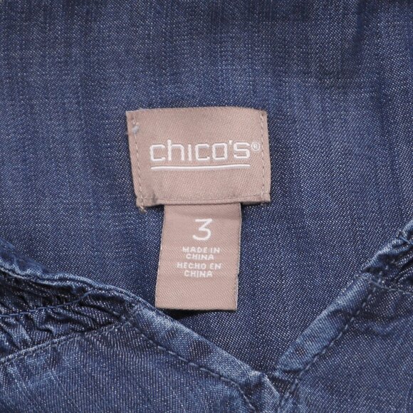 CHICO'S Chambray Lyocell Denim Blouse Top Shirred Smocked Yoke Size 3 (XL/16) - Picture 6 of 7
